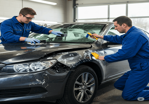 Two technicians repair a hail-damaged car, working on dents and a cracked windshield in a garage.