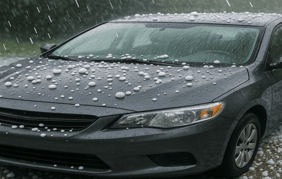 Gray car covered in large hailstones during a hailstorm.