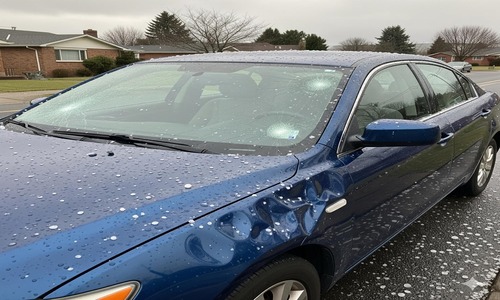 Blue car with hail damage showing dents on hood and shattered windshield after a severe storm.