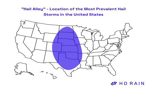 Map of the United States highlighting “Hail Alley,” the region most affected by hailstorms, shown in blue.